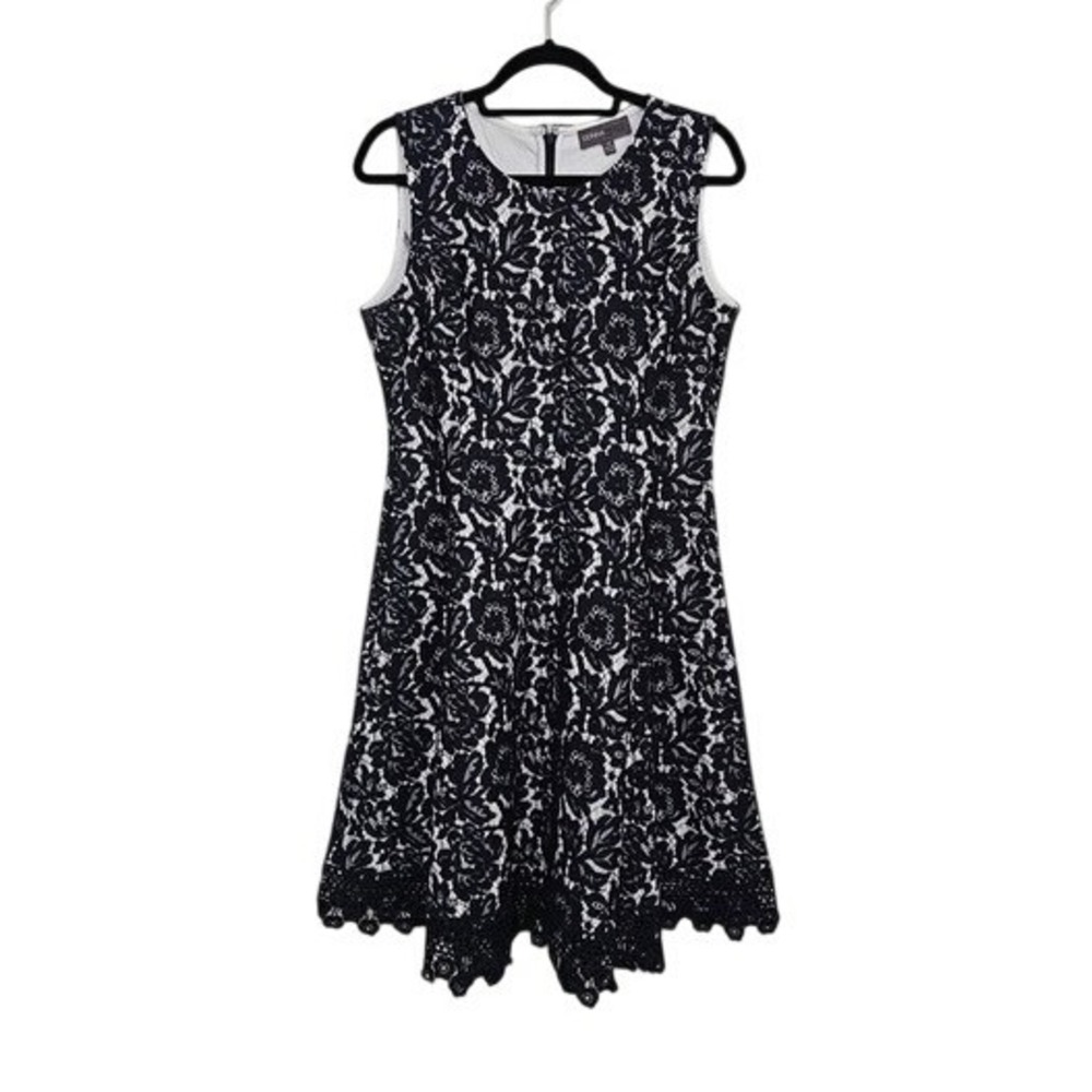 Donna Ricco Navy Blue Fit Flare Dress 12 Floral Cocktail Party Timeless Preppy ~